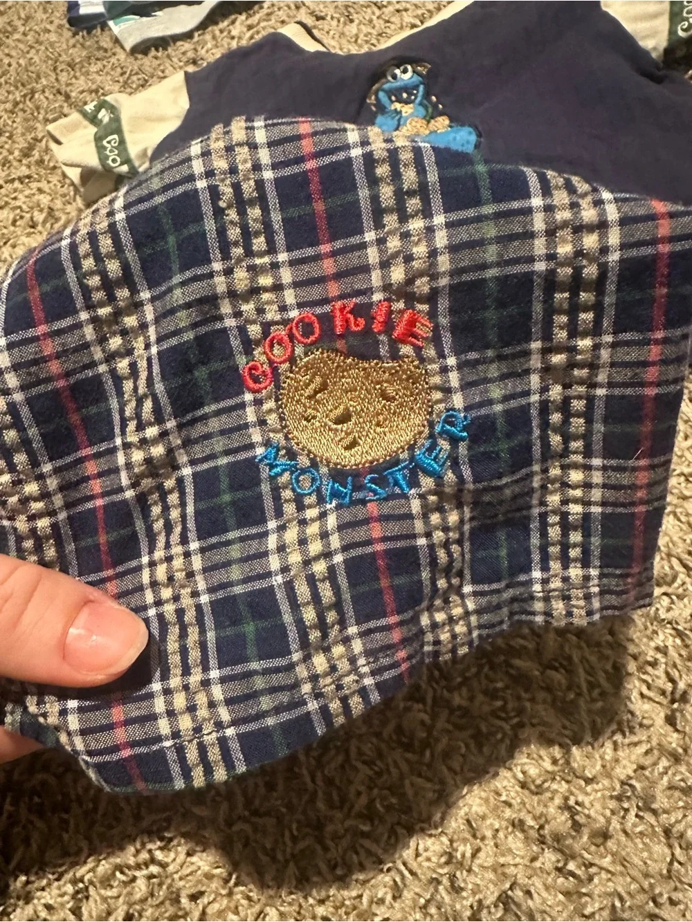 Vintage Kids Navy Cookie Monster two piece Set - Blue Plaid Shorts